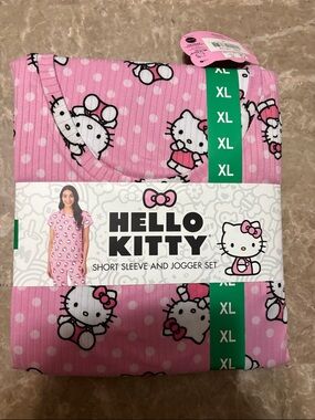 Hello Kitty Pink Polka Dot Short Sleeve Pajama Jogger Set